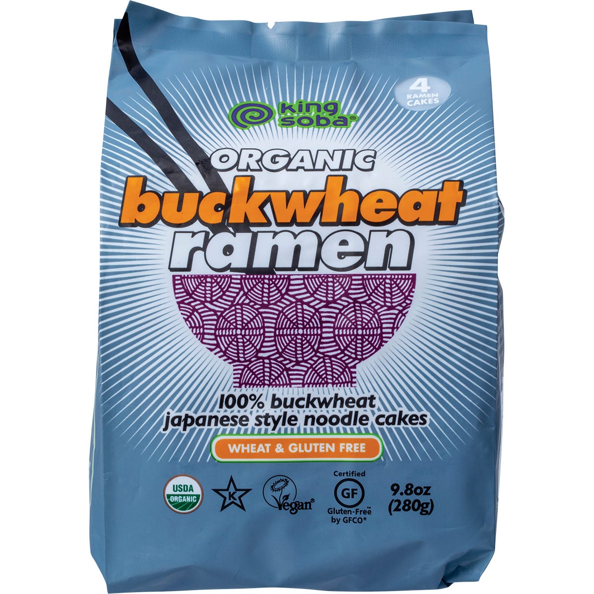 King Soba Organic Buckwheat Ramen Noodles 280g pack showing four circular dried noodle cakes.