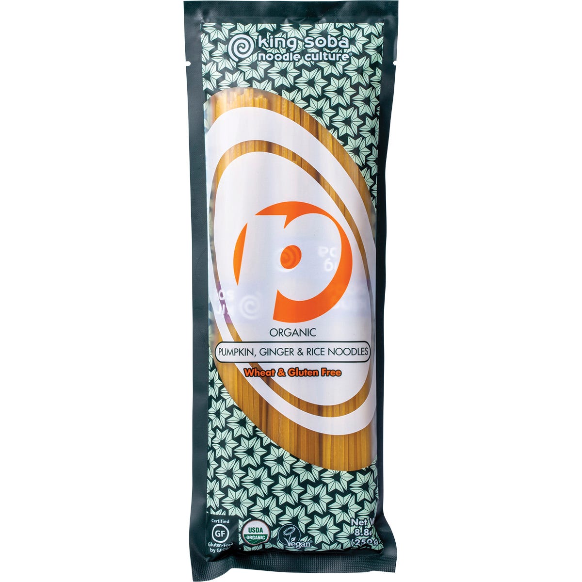 250g pack of King Soba organic pumpkin, ginger, and brown rice noodles on a white background.