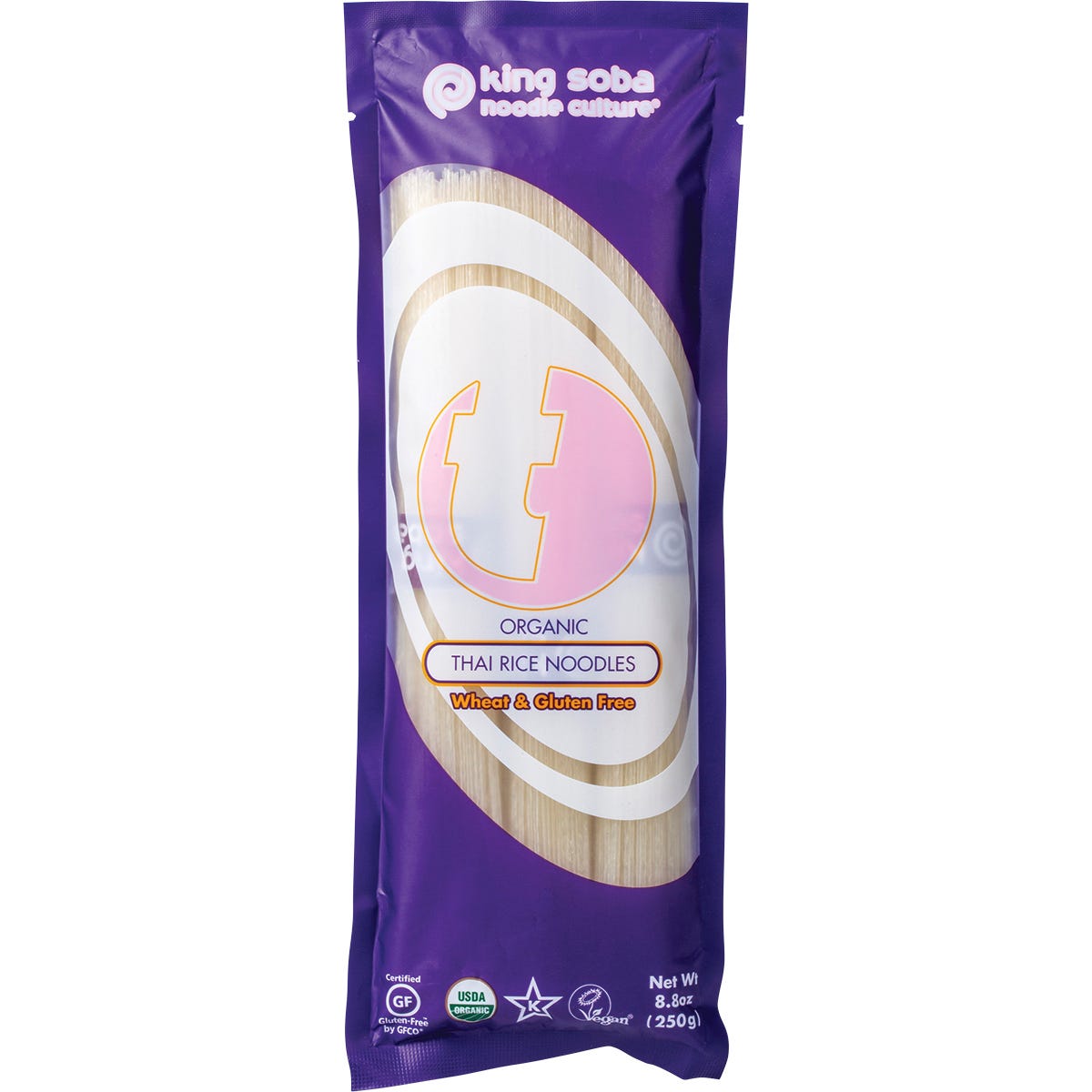 250g pack of King Soba Organic Thai Rice Noodles with organic and gluten-free labels on a white background.