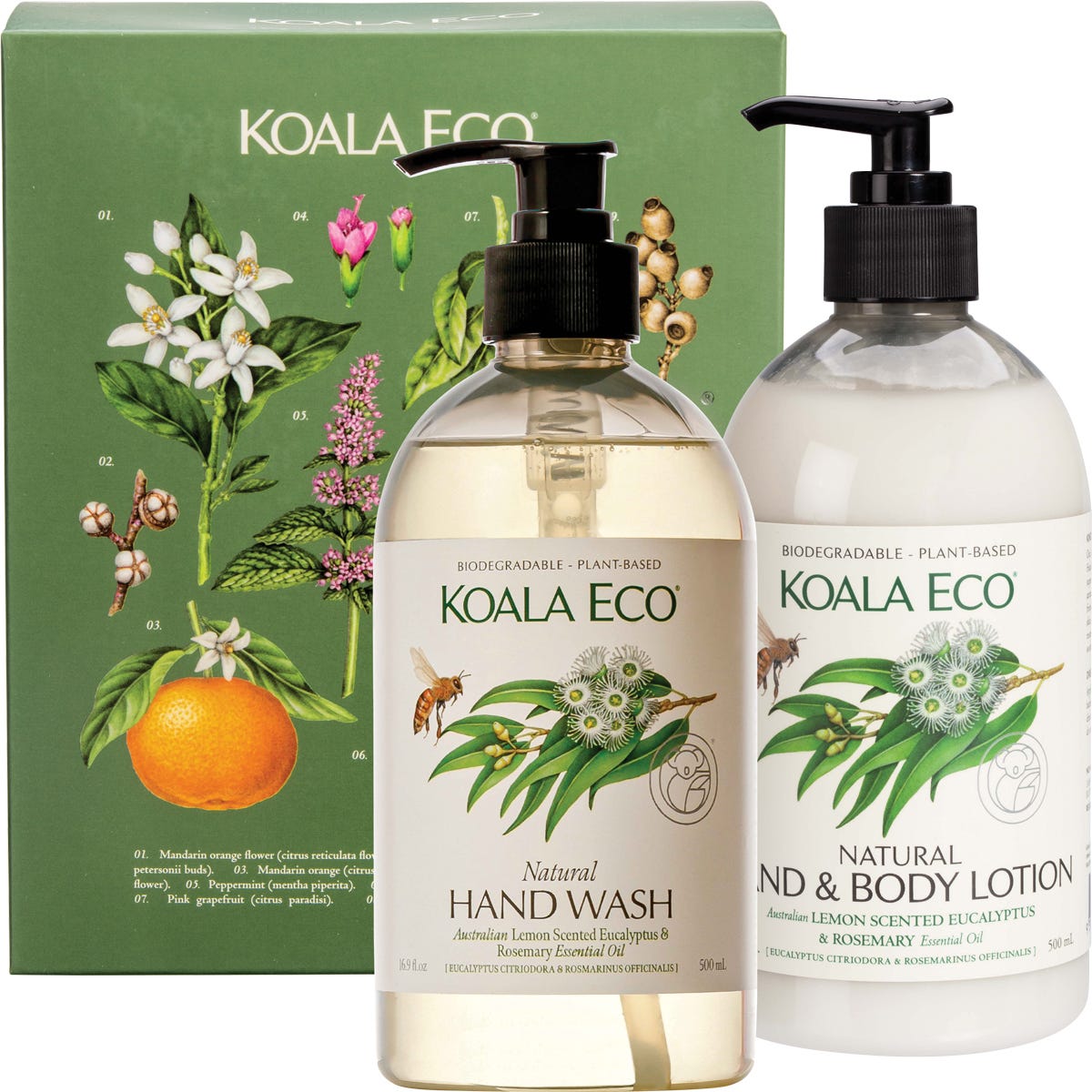 Koala Eco gift box with 500ml Lemon Scented Eucalyptus and Rosemary hand wash and body lotion bottles.