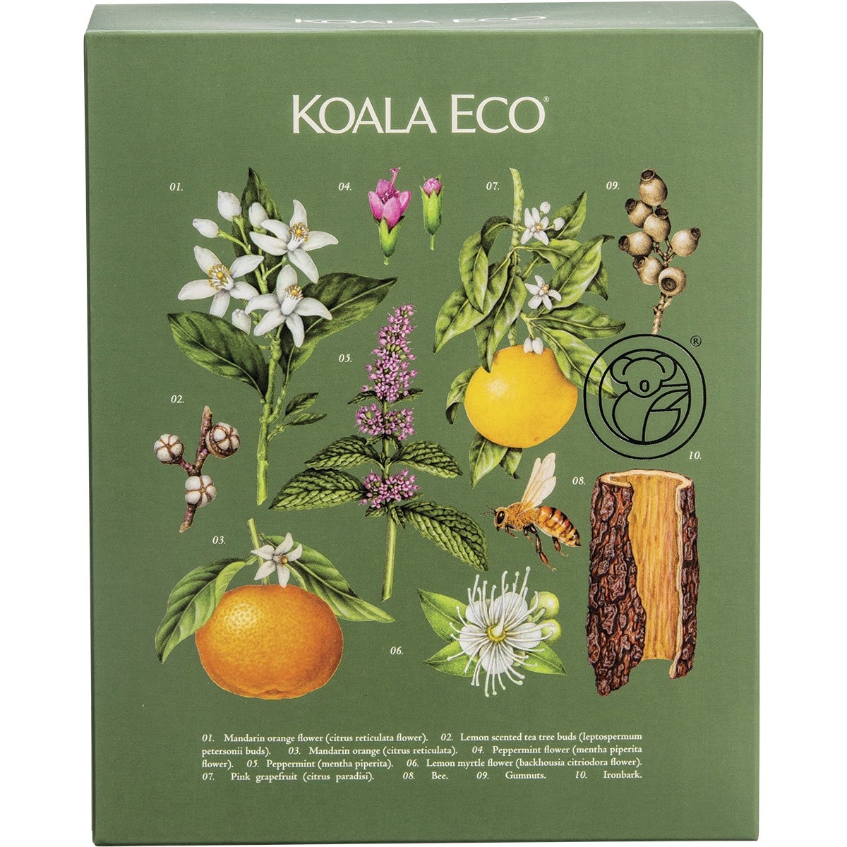 Koala Eco Rosalina and Peppermint 500ml Hand and Body Wash bottles displayed with their botanical-themed gift box.