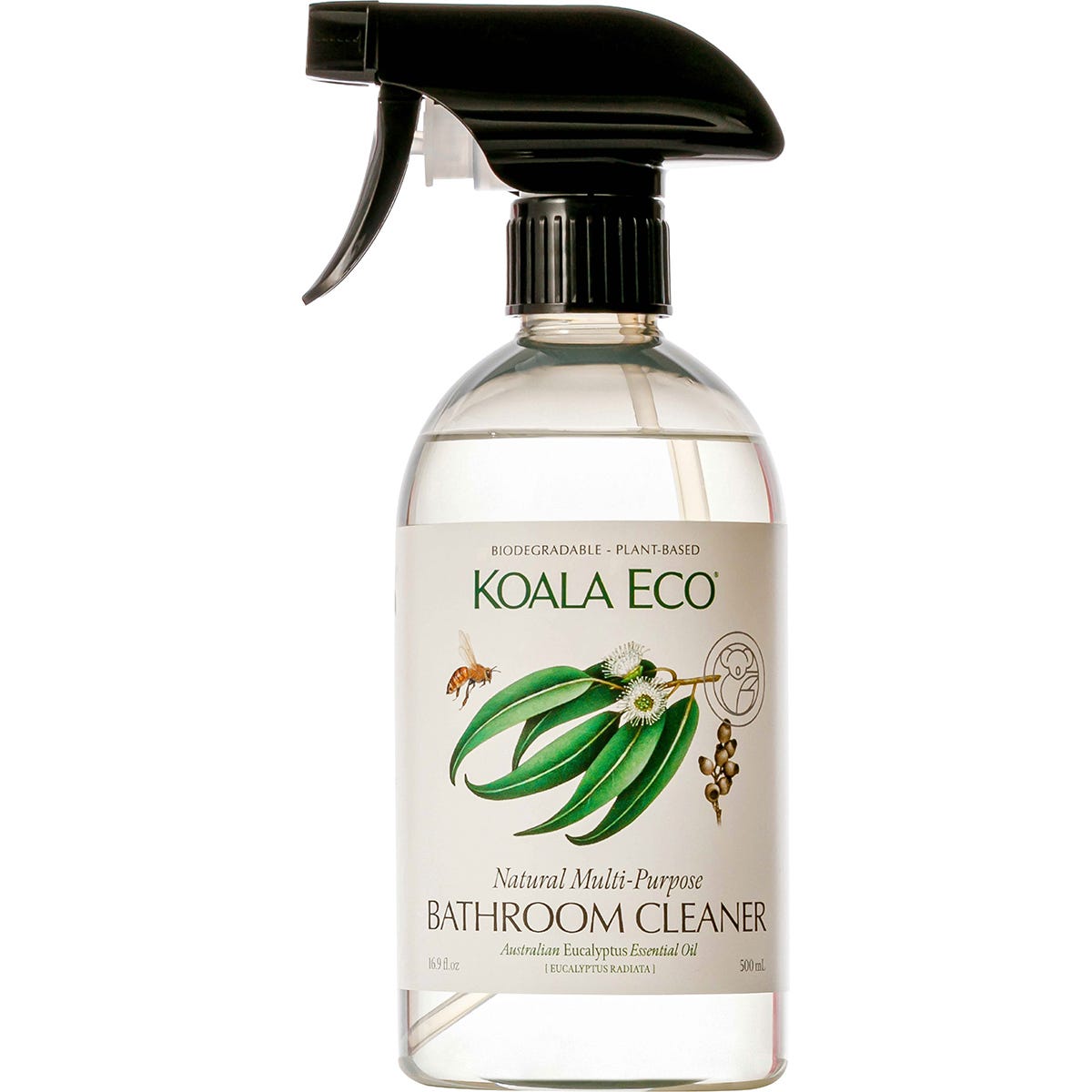 500ml spray bottle of Koala Eco Eucalyptus Multi-Purpose Bathroom Cleaner with botanical illustrations on the label.