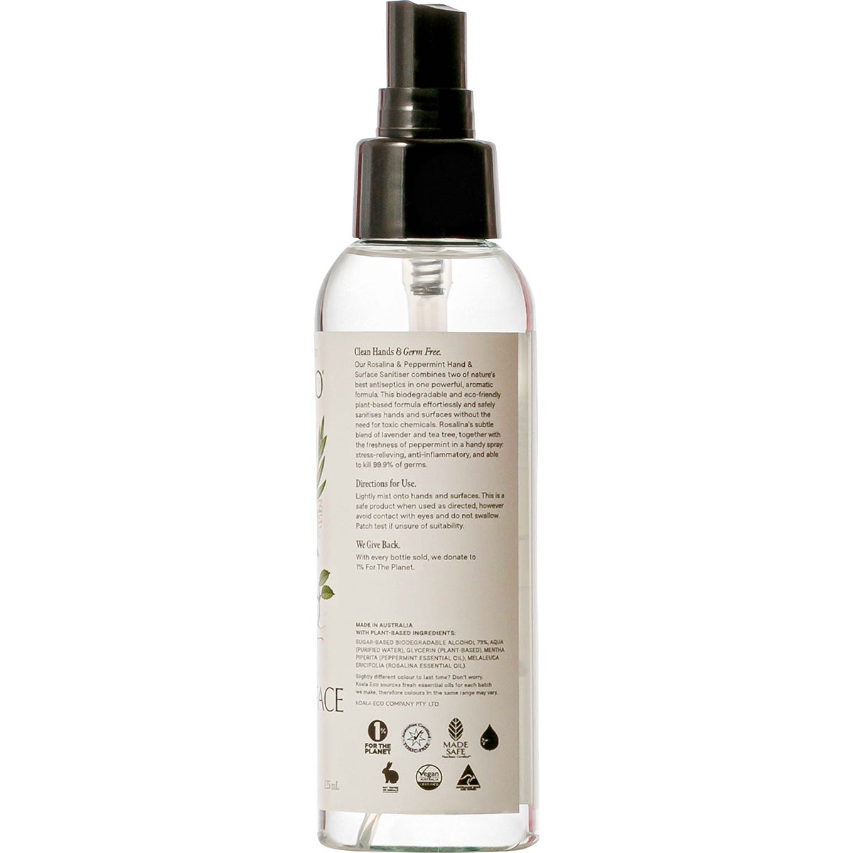 Koala Eco Natural Hand & Surface Sanitiser Rosalina & Peppermint 125ml Payless 4 Organics