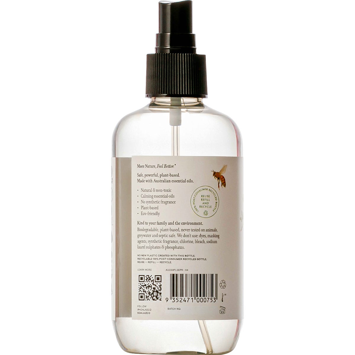Koala Eco 250ml Pillow and Linen Spray bottle featuring eucalyptus, peppermint, and rosalina essential oils.