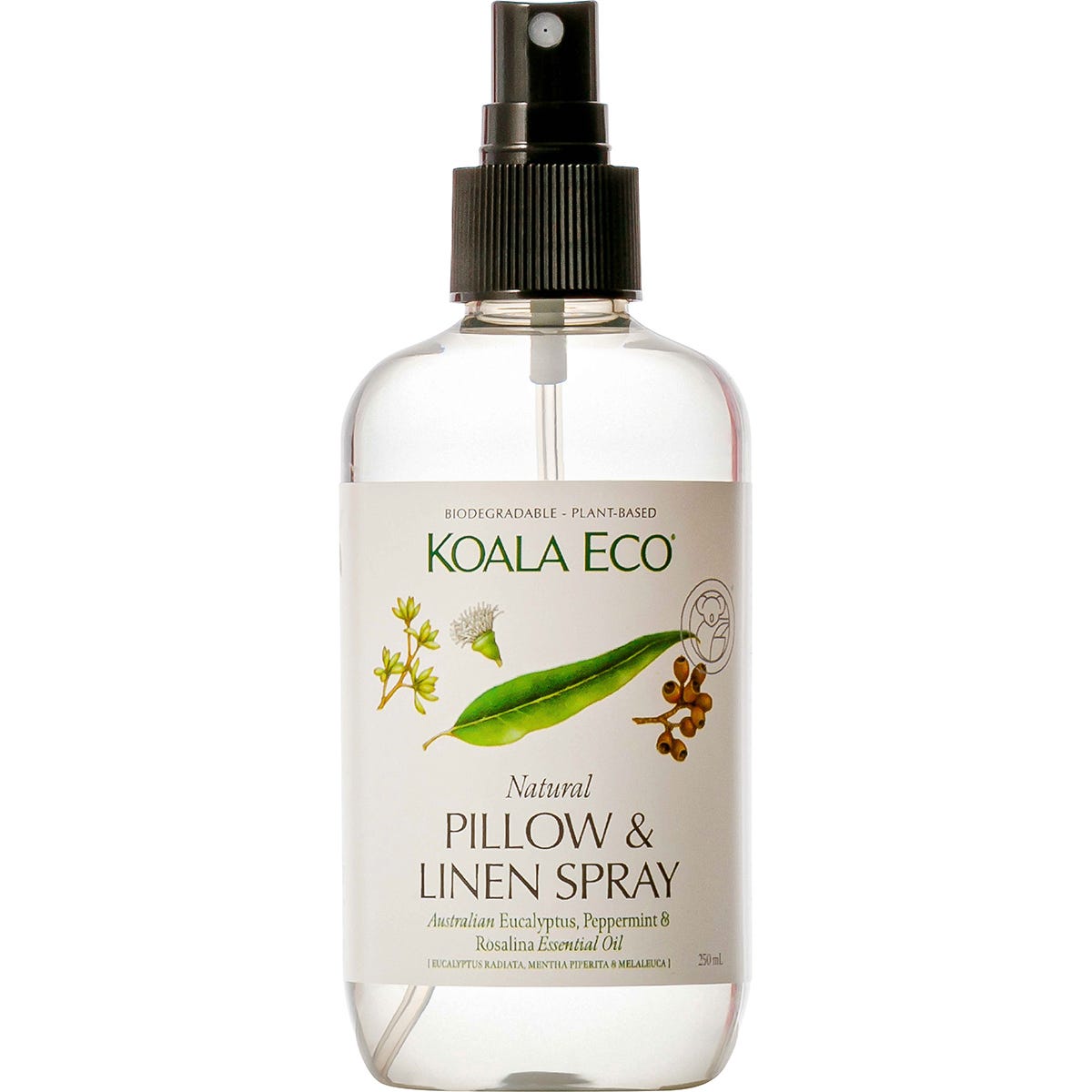 Koala Eco 250ml Pillow & Linen Spray bottle with eucalyptus, peppermint, and rosalina essential oils.