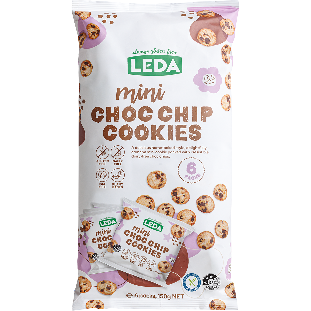 Leda 6-pack bag of Mini Choc Chip Cookies with a "NEW" banner and dietary icons on a white background.