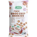 Leda 6-pack bag of Mini Choc Chip Cookies with a "NEW" banner and dietary icons on a white background.