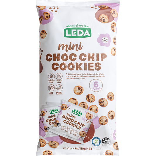Leda 6-pack bag of Mini Choc Chip Cookies with a "NEW" banner and dietary icons on a white background.