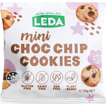 Leda Mini Choc Chip Cookies snack pack showing a pile of mini cookies and key dietary icons on a white background.
