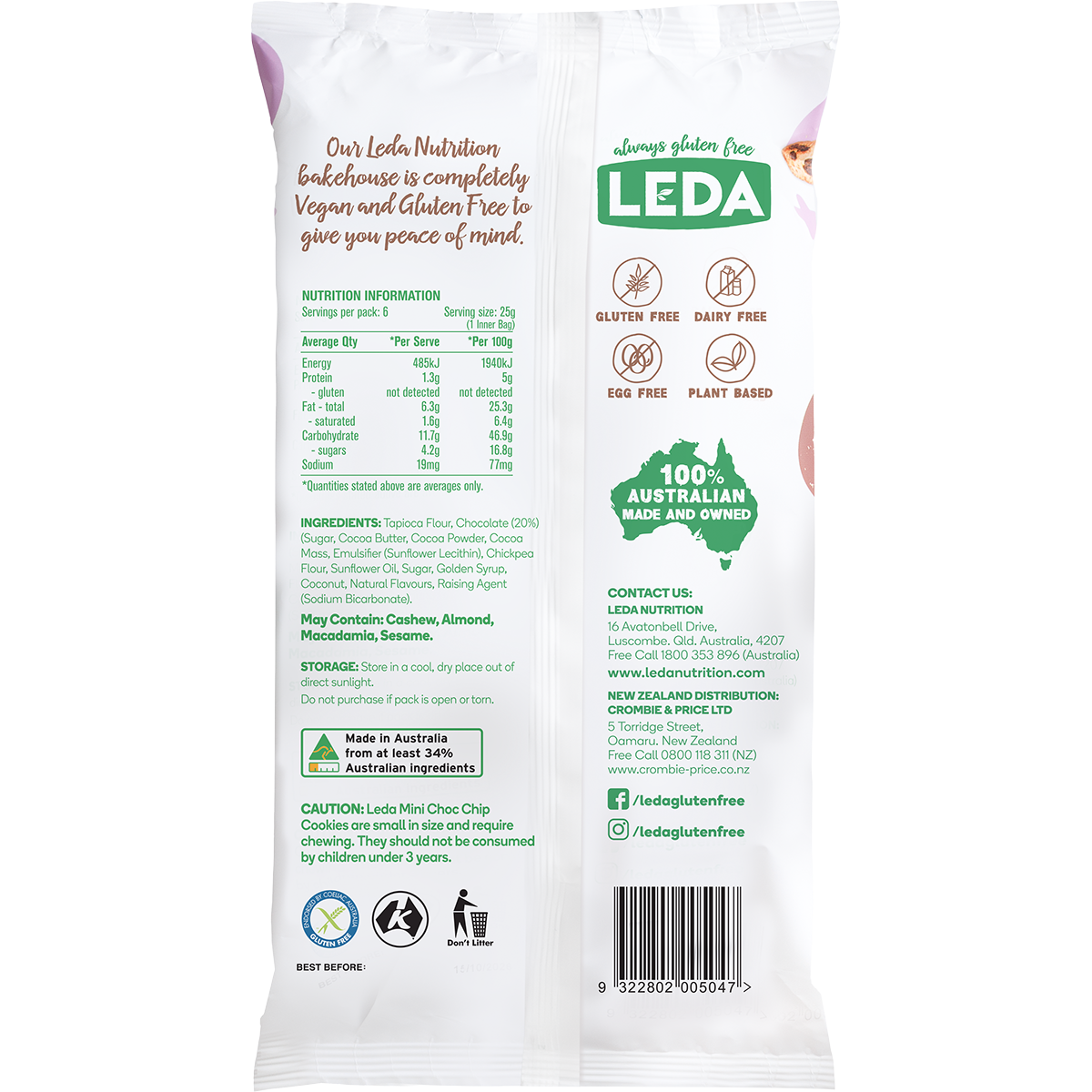 Leda Mini Choc Chip Cookies 6 Pack 150g (Pack of 6)