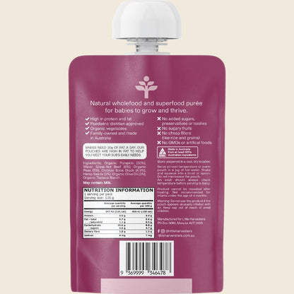 Little Harvesters Grass-fed Beef, Peas, Pumpkin,Hemp Seeds & Bone Broth 6x120g