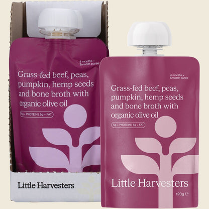 Little Harvesters Grass-fed Beef, Peas, Pumpkin,Hemp Seeds & Bone Broth 6x120g