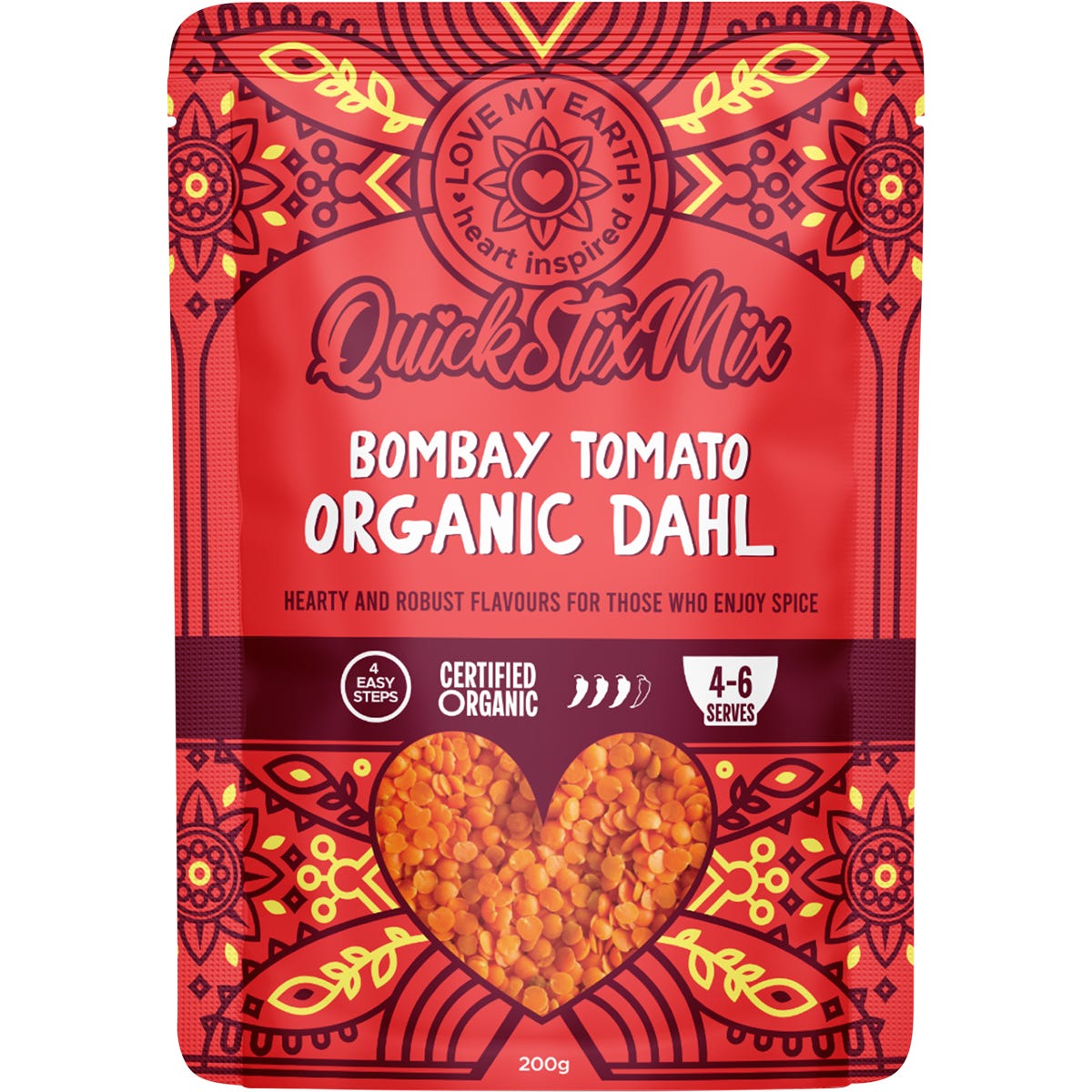 Love My Earth 200g Bombay Tomato Dahl mix packet with organic red lentils and Indian spices on a white background.