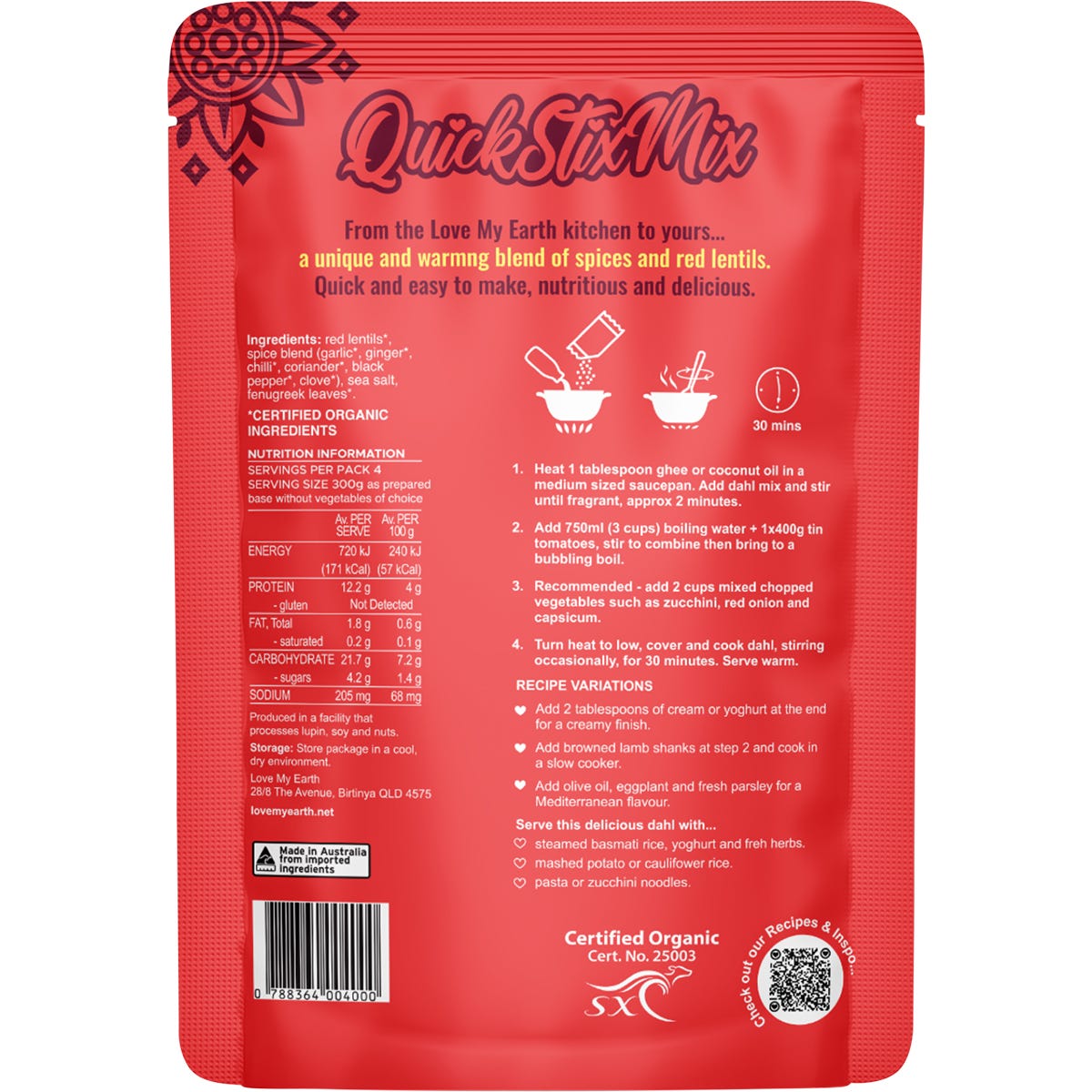 Back of Love My Earth Bombay Tomato Dahl 200g packet with cooking instructions and organic ingredients.