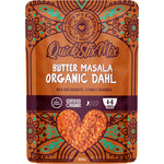 Love My Earth Organic Butter Masala Dahl Mix 200g bag with a dish of cooked dahl and organic ingredients.