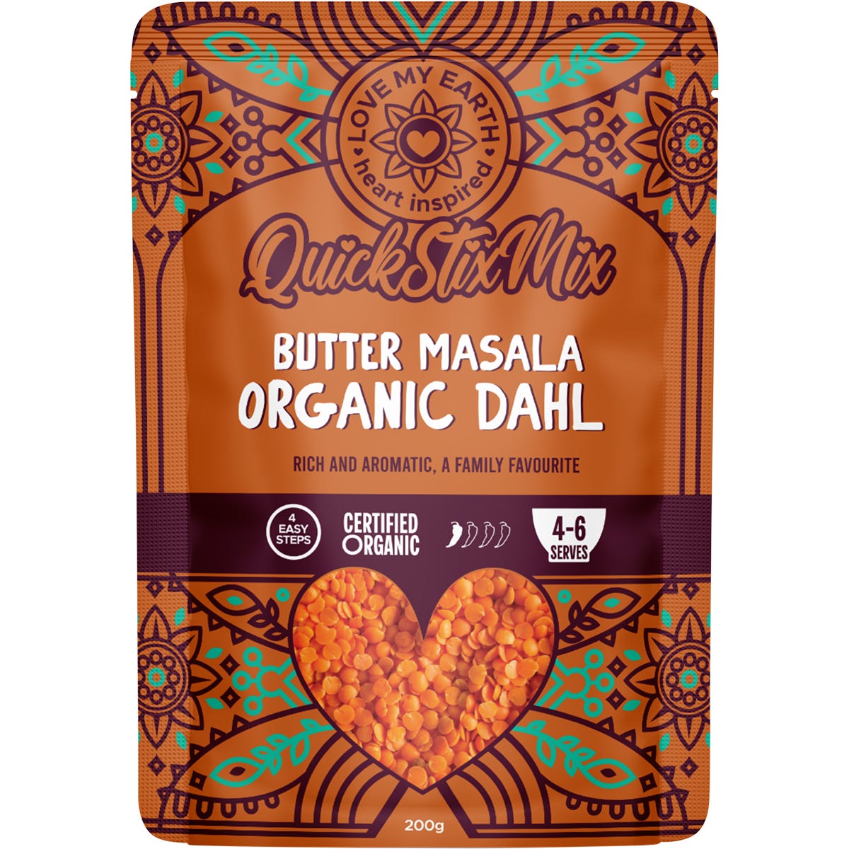 Love My Earth Organic Butter Masala Dahl Mix 200g bag with a dish of cooked dahl and organic ingredients.