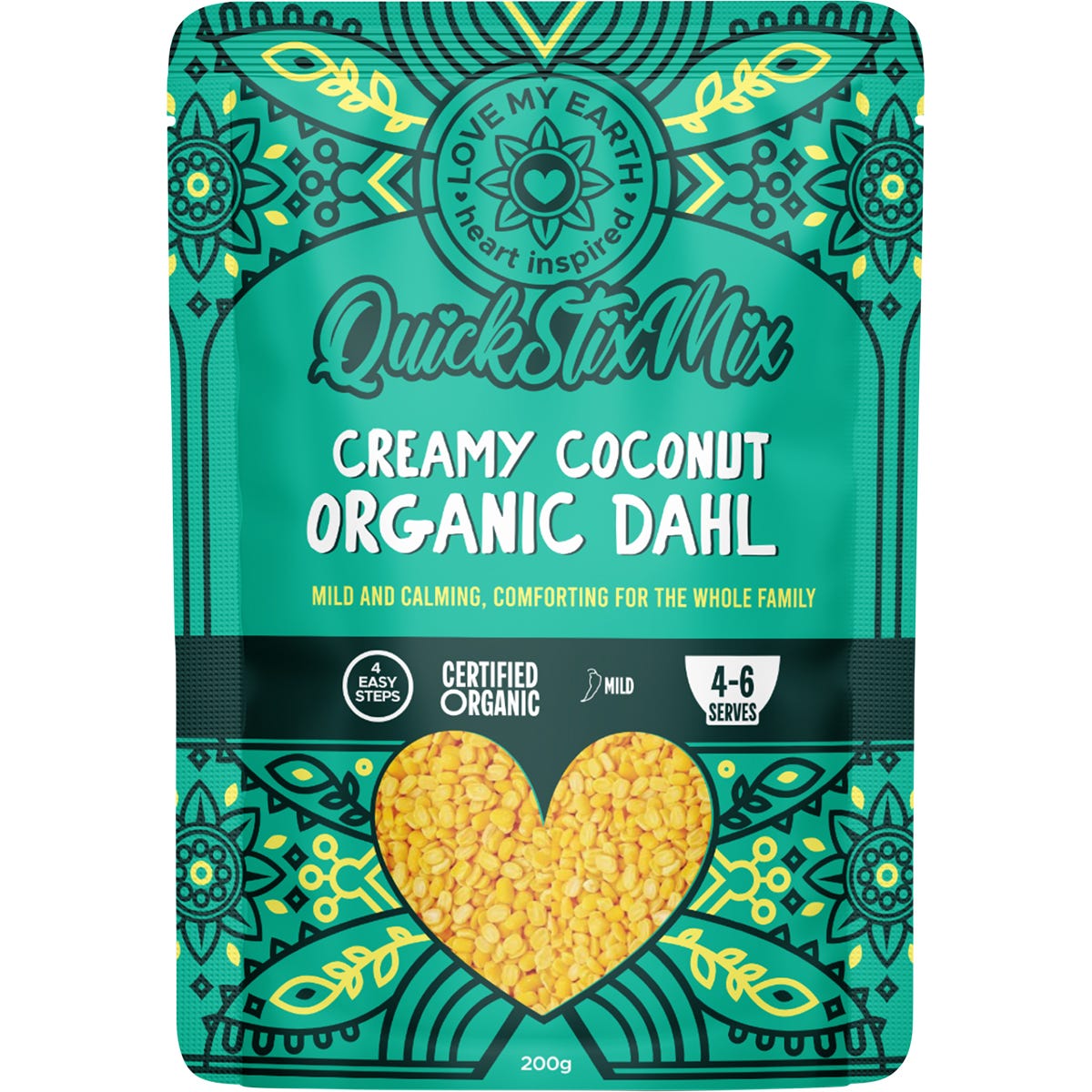 Love My Earth Organic Creamy Coconut Dahl 200g pouch featuring mild spices and organic lentils on a white background.