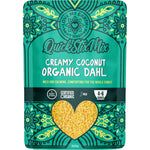 Love My Earth Organic Creamy Coconut Dahl 200g pouch featuring mild spices and organic lentils on a white background.