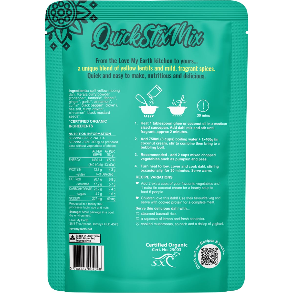 Back of Love My Earth Creamy Coconut Dahl pouch with nutrition facts and cooking instructions.