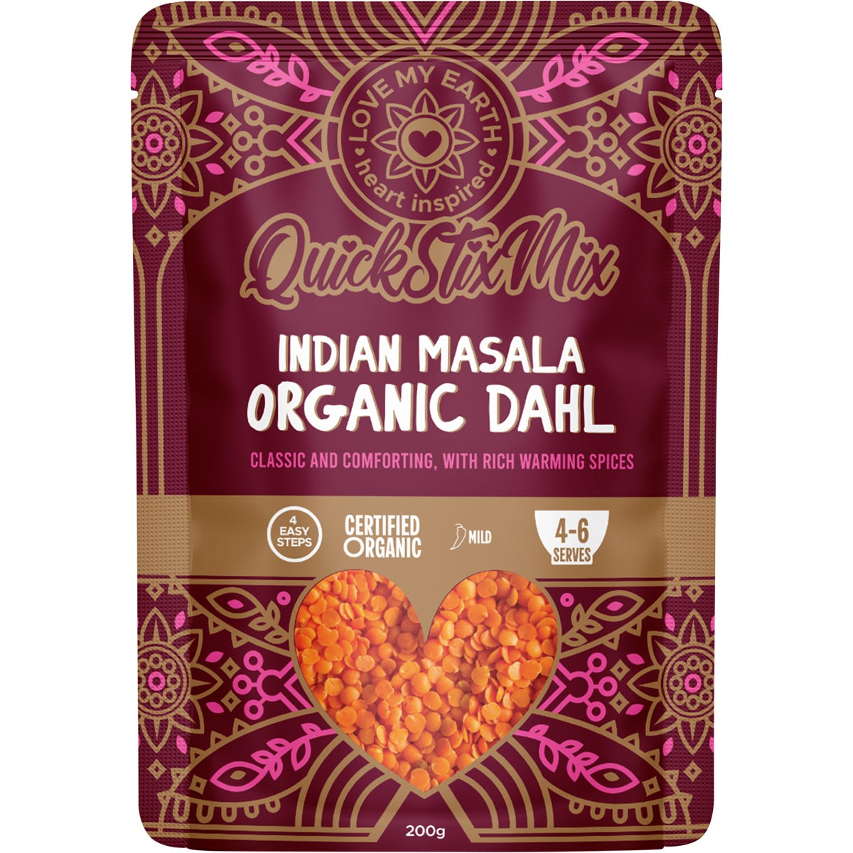 200g bag of Love My Earth Organic Indian Masala Dahl Mix featuring red lentils and traditional Indian spices.