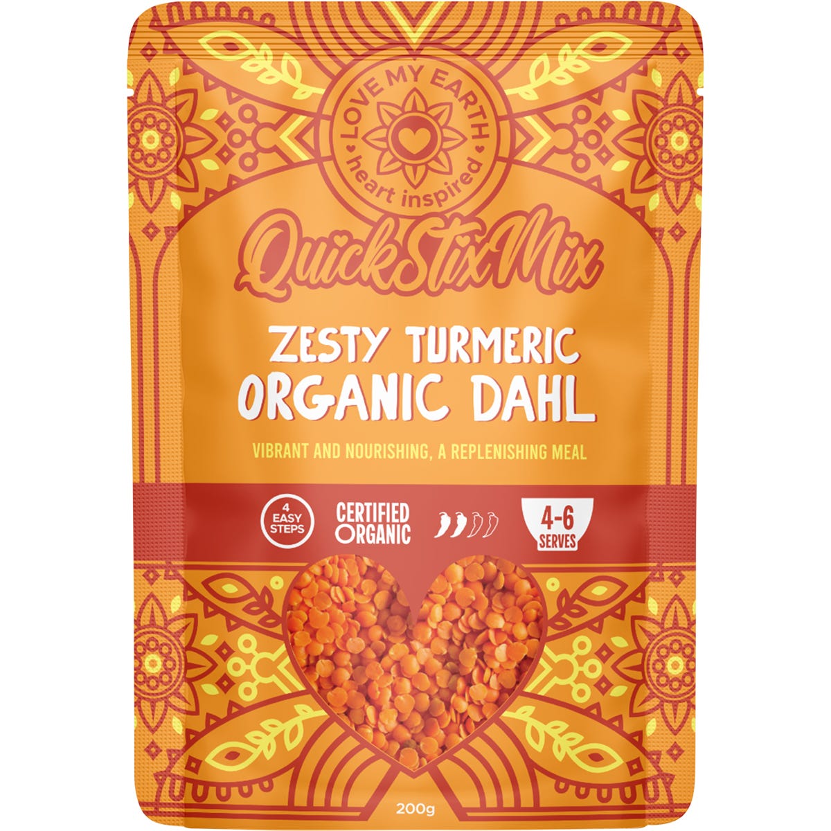 200g bag of Love My Earth Organic Zesty Turmeric Dahl Mix with yellow lentils and vibrant spices.