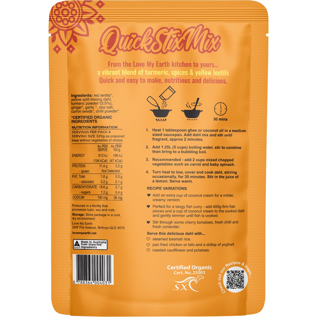 Back of Love My Earth Organic Zesty Turmeric Dahl 200g bag with cooking instructions and a list of organic ingredients.