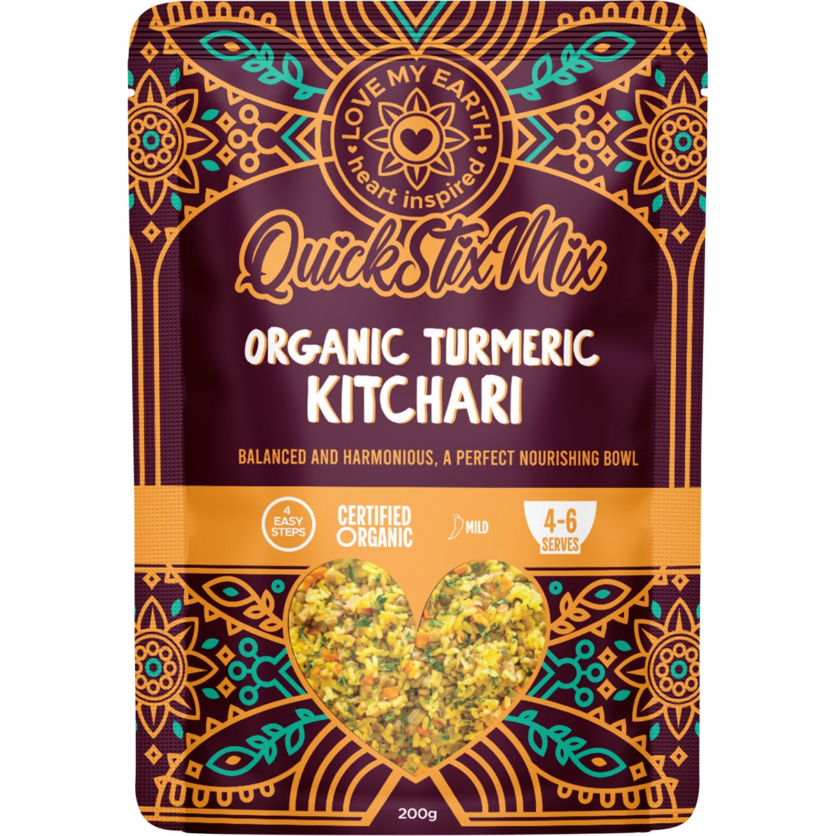 200g bag of Love My Earth Organic Turmeric Kitchari mix with basmati rice and red lentils on a white background.