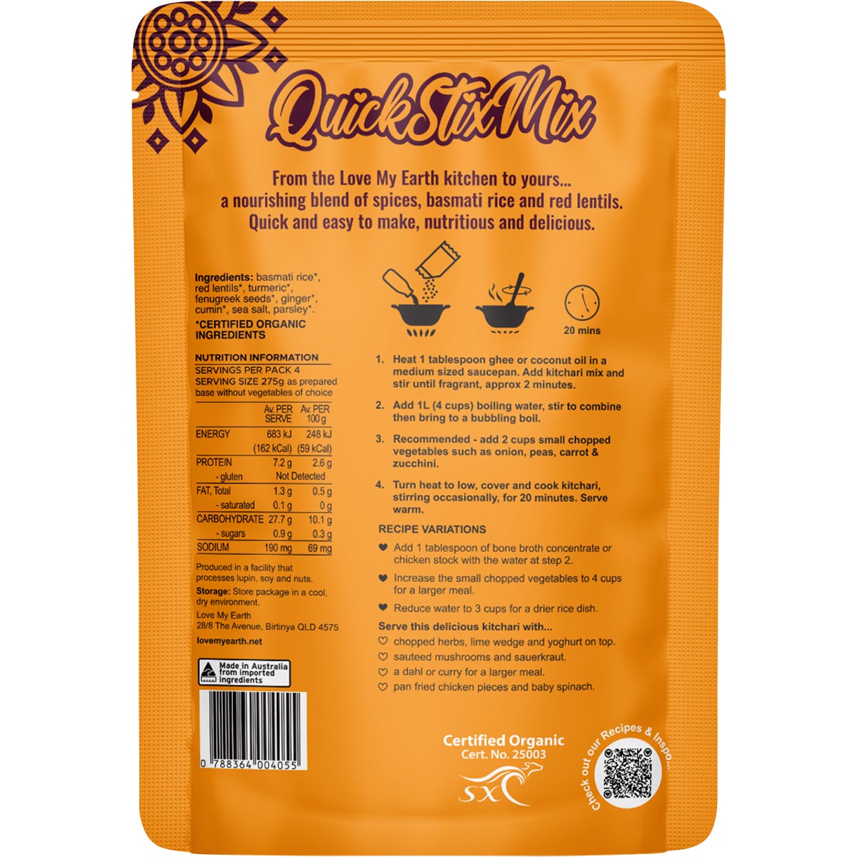 Back of Love My Earth 200g Organic Turmeric Kitchari bag showing ingredients and cooking instructions.