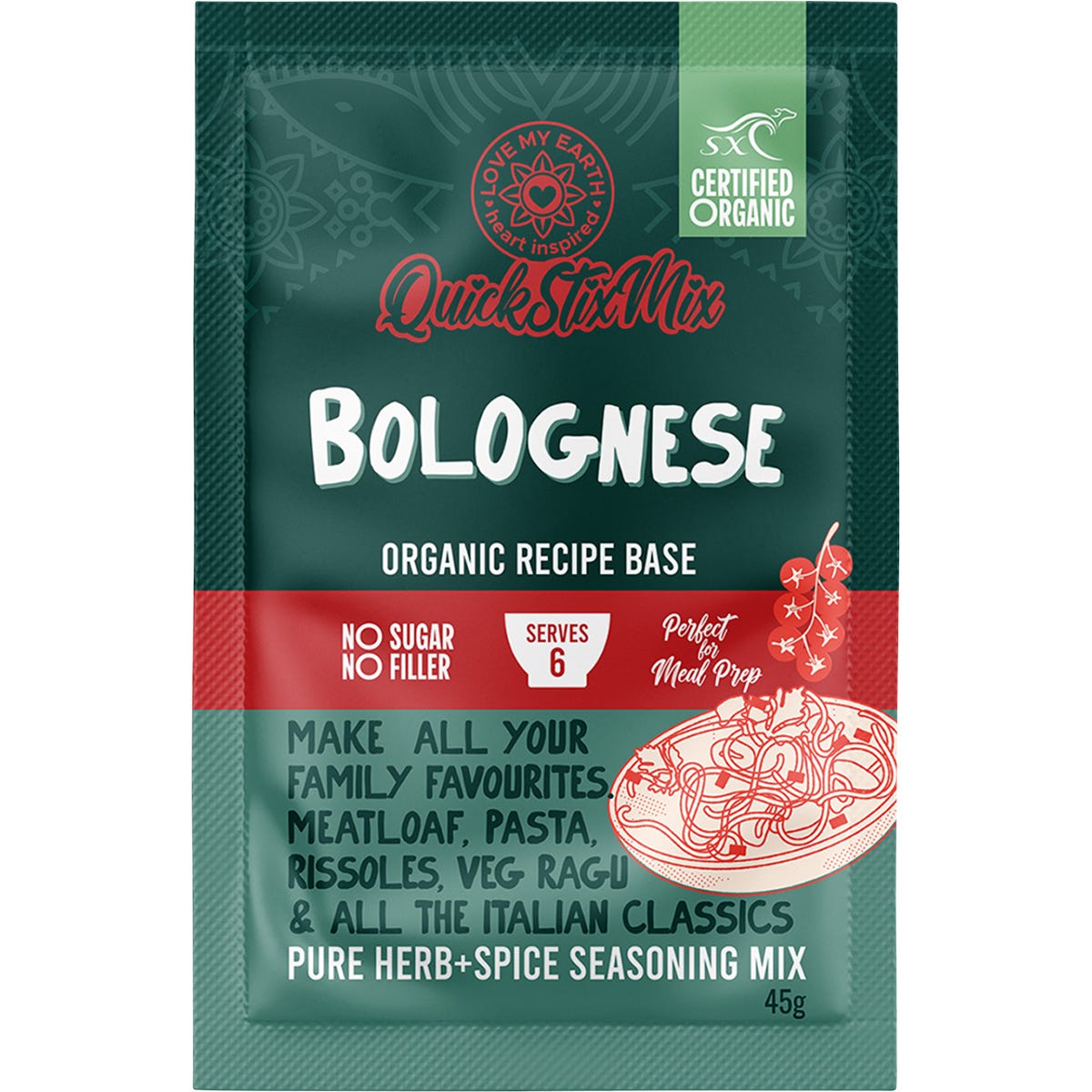 Love My Earth Organic Bolognese Quick Stix Mix 45g packet featuring tomato and herb illustrations on a white background.