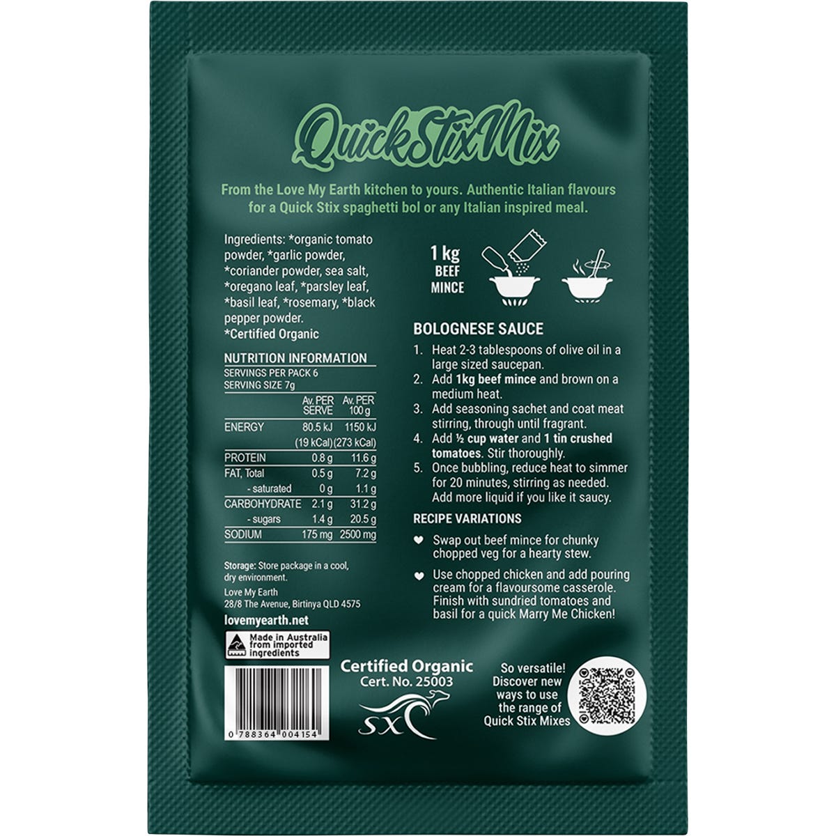 Back of a Love My Earth Organic Bolognese Quick Stix Mix 45g packet with nutritional facts and cooking instructions.