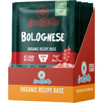 Ten-pack retail display box and individual 45g packets of Love My Earth Organic Bolognese Quick Stix Mix.