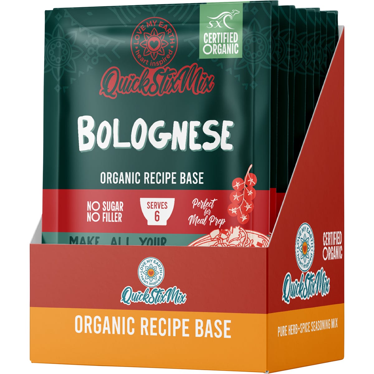 Ten-pack retail display box and individual 45g packets of Love My Earth Organic Bolognese Quick Stix Mix.