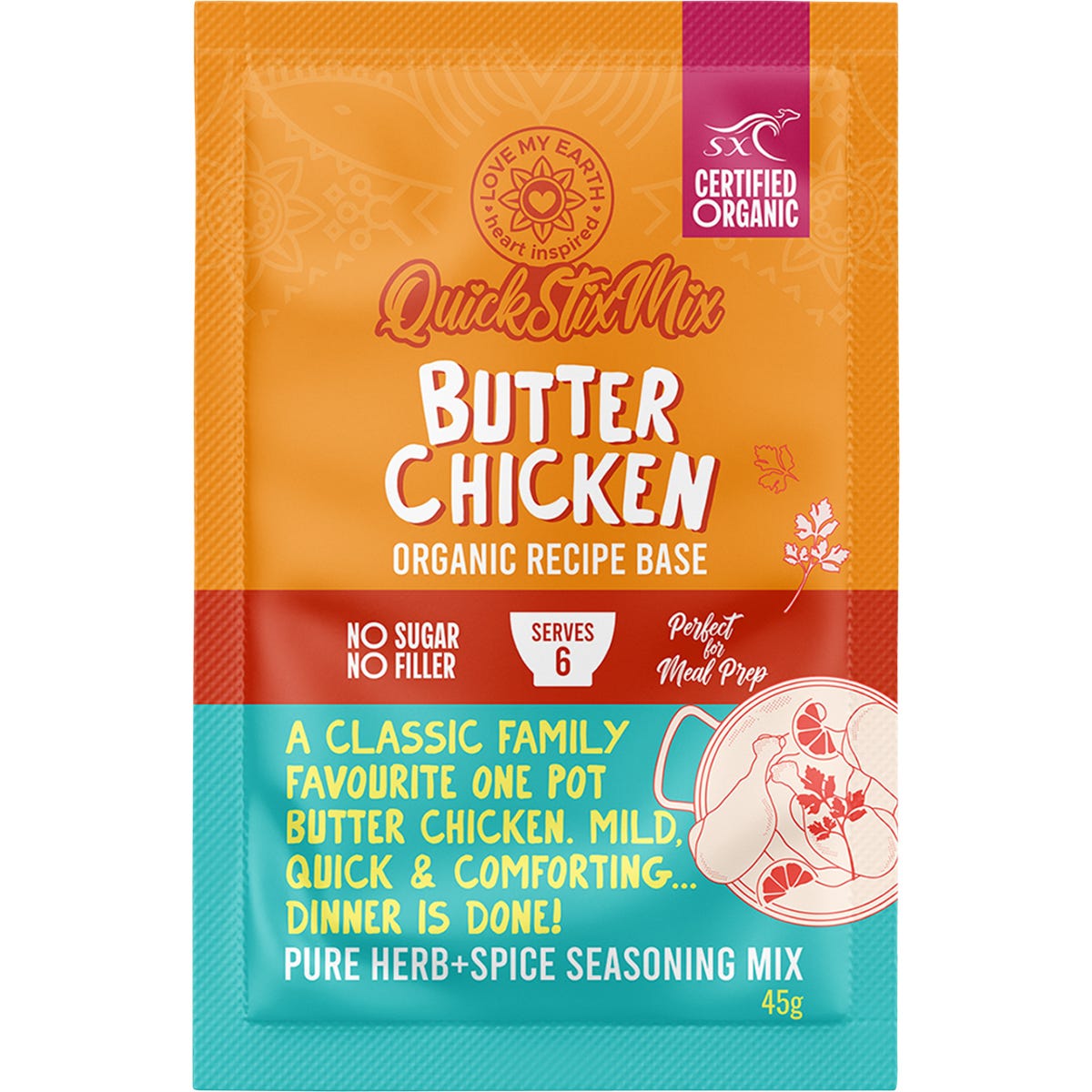 Love My Earth Organic Butter Chicken Quick Stix Mix 10x45g box featuring a traditional spiced dish and fresh ingredients.