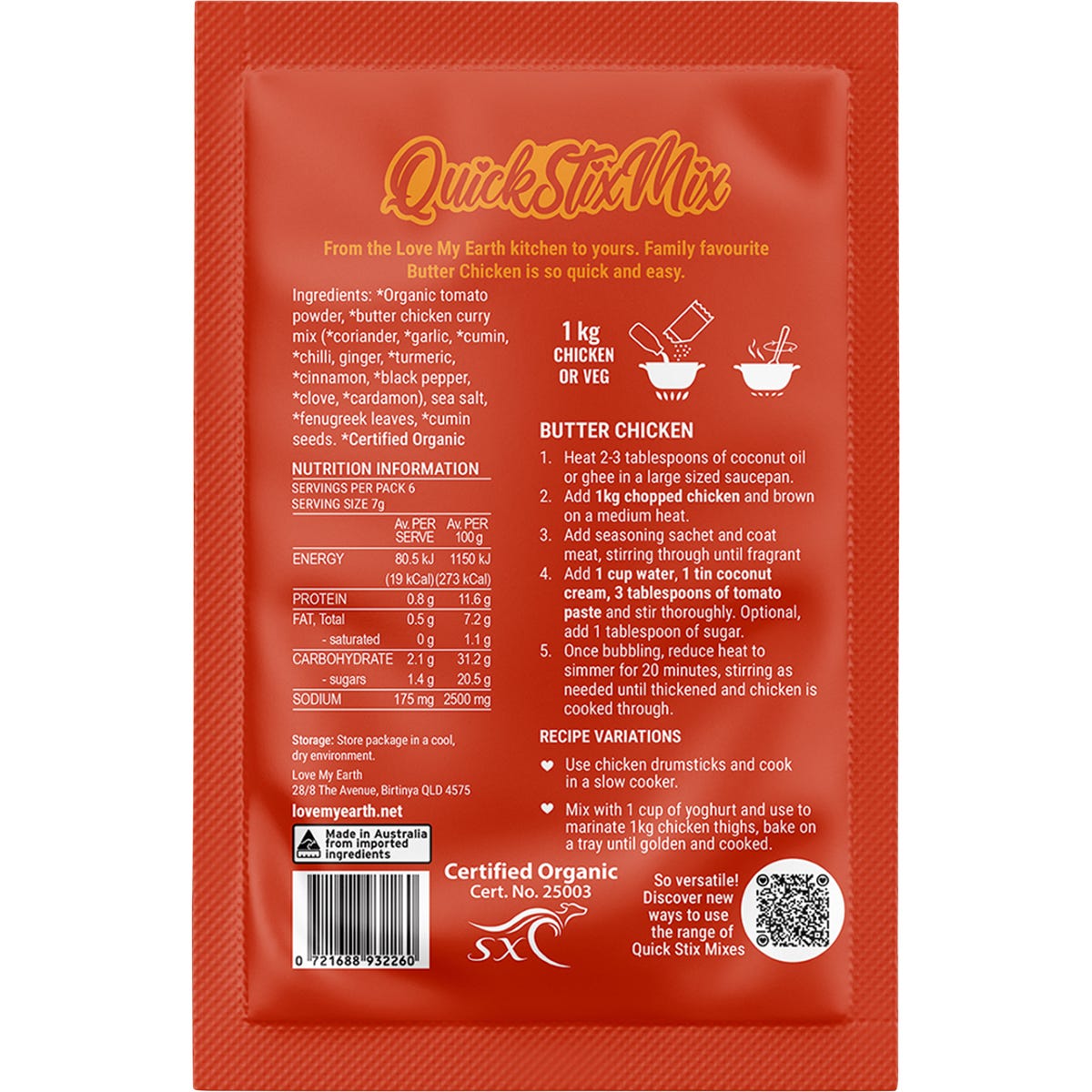 The back of a Love My Earth Butter Chicken recipe base box showing ingredients, nutrition facts, and cooking instructions.
