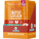 Retail display box of Love My Earth Organic Butter Chicken Quick Stix Mix with ten individual 45g spice packets.