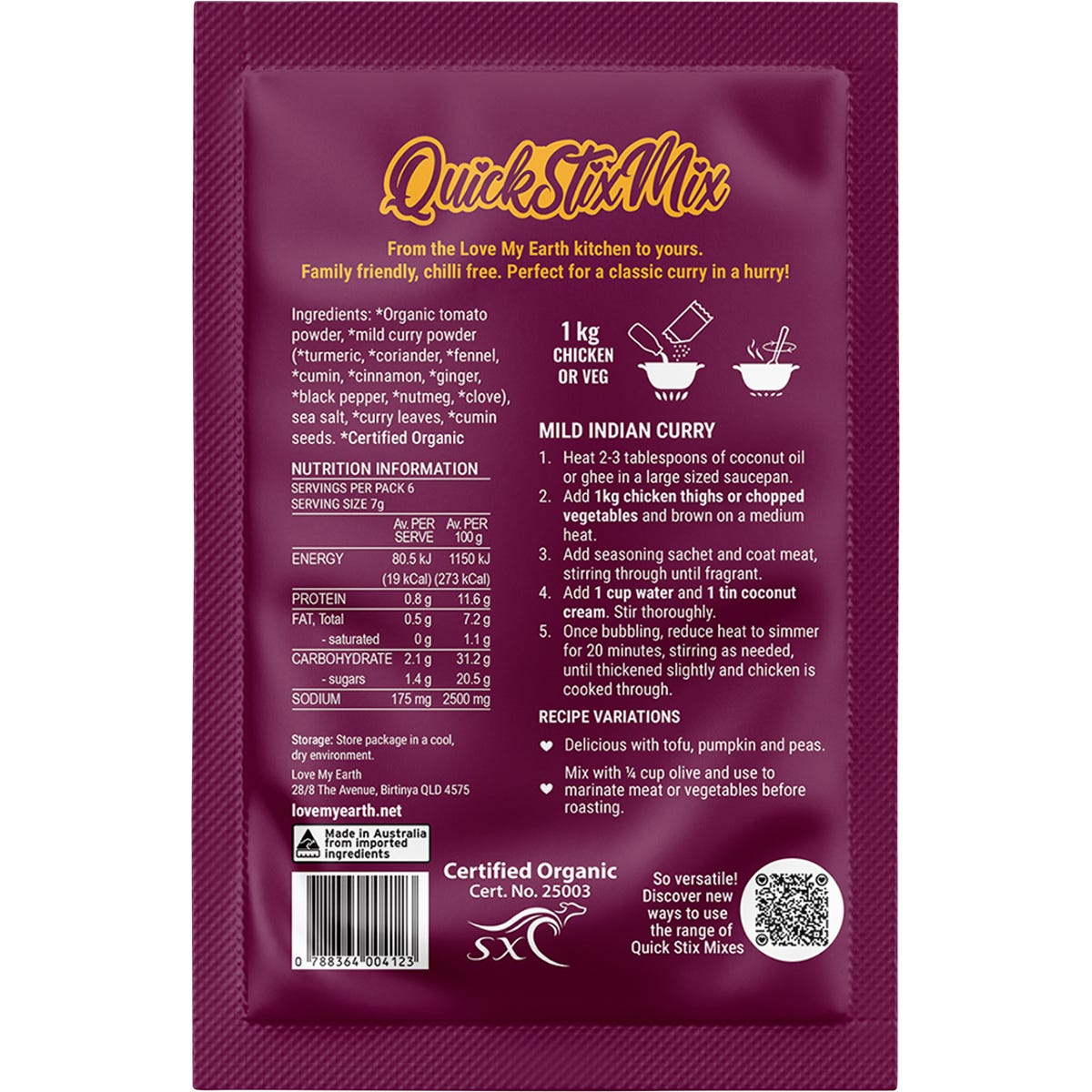 Back of Love My Earth Mild Indian Curry Quick Stix Mix box showing nutritional information and organic ingredients.