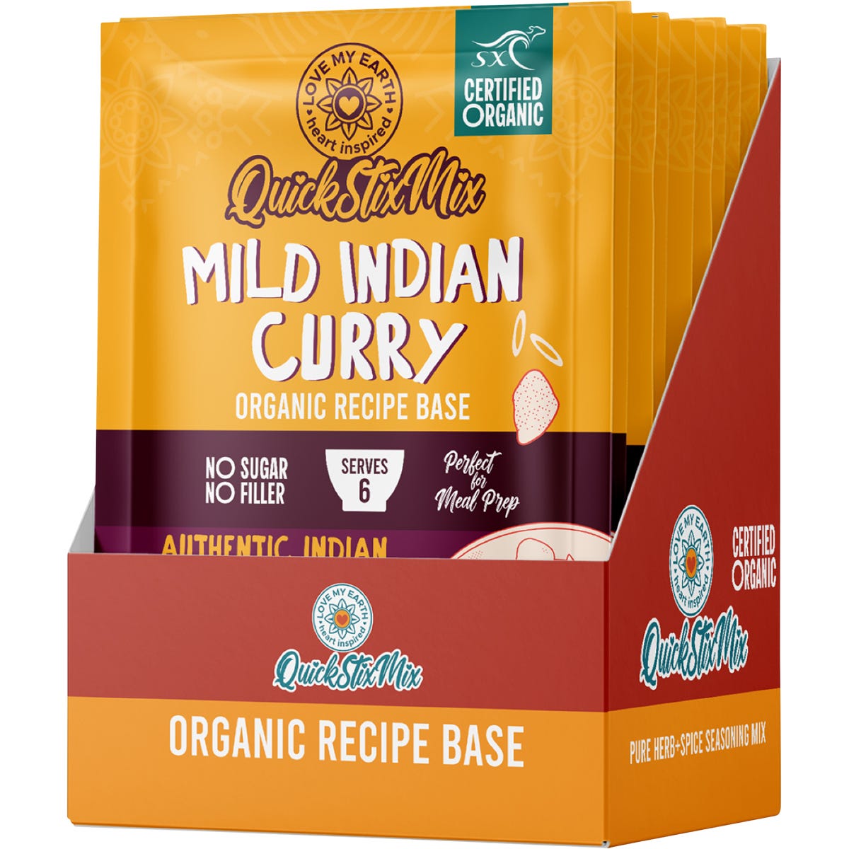 Retail display box of Love My Earth Mild Indian Curry Quick Stix Mix with individual 45g organic recipe base packets.