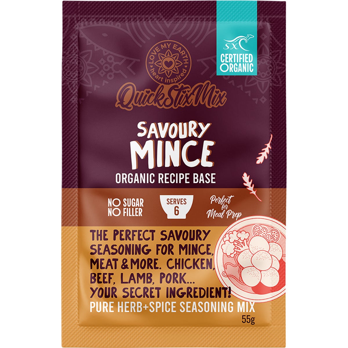 Love My Earth Savoury Mince Quick Stix Mix pack with a red label and organic recipe base ingredients.