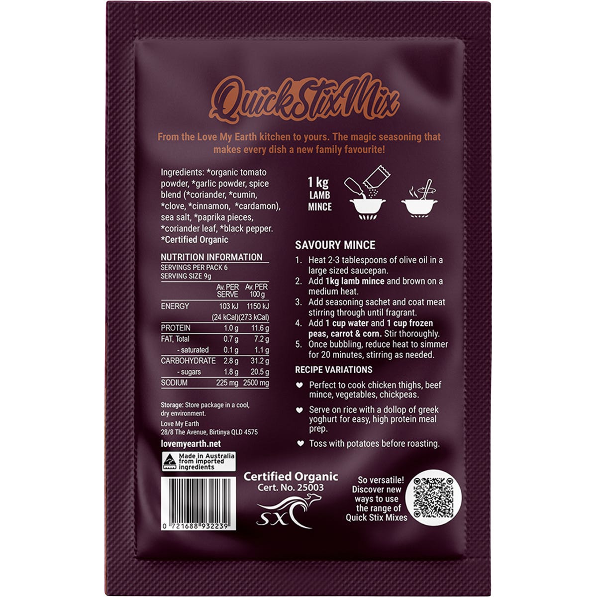 Back of Love My Earth Savoury Mince Quick Stix Mix pack with nutritional information and organic ingredients.
