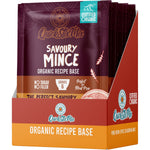 Retail display box of Love My Earth Savoury Mince Quick Stix Mix 55g packs with red and organic branding.