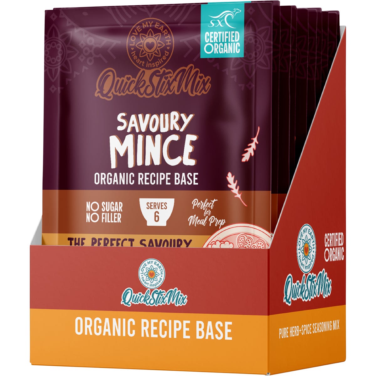 Retail display box of Love My Earth Savoury Mince Quick Stix Mix 55g packs with red and organic branding.