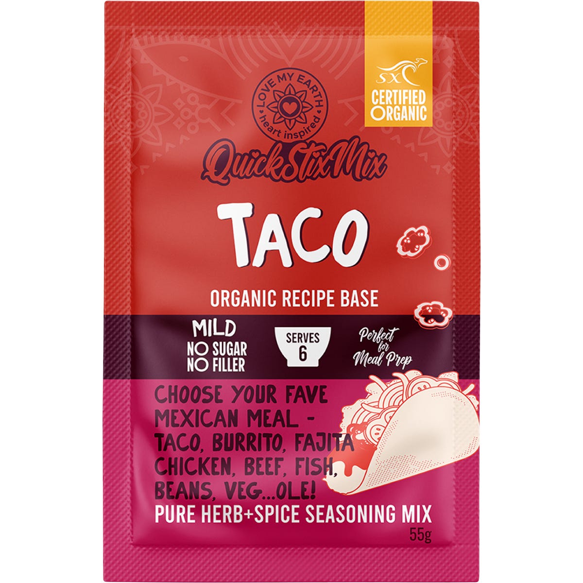 Love My Earth Taco Quick Stix Mix 55g pouch with organic Mexican recipe base and seasoning.