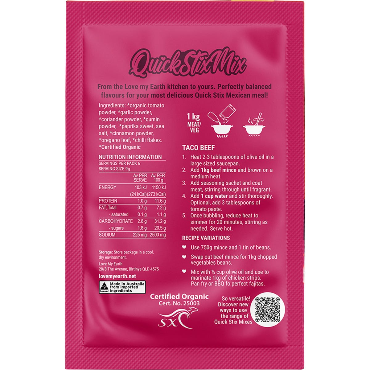Back of a Love My Earth Taco Quick Stix Mix pouch showing ingredients, nutrition facts, and cooking instructions.