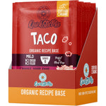 Ten-pack display box of Love My Earth Organic Taco Recipe Base 55g pouches on a white background.