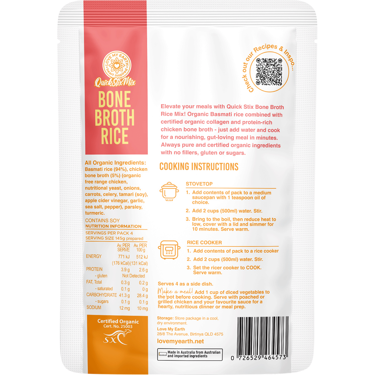 Love My Earth Quick Stix Mix Organic Bone Broth Rice Chicken 200g