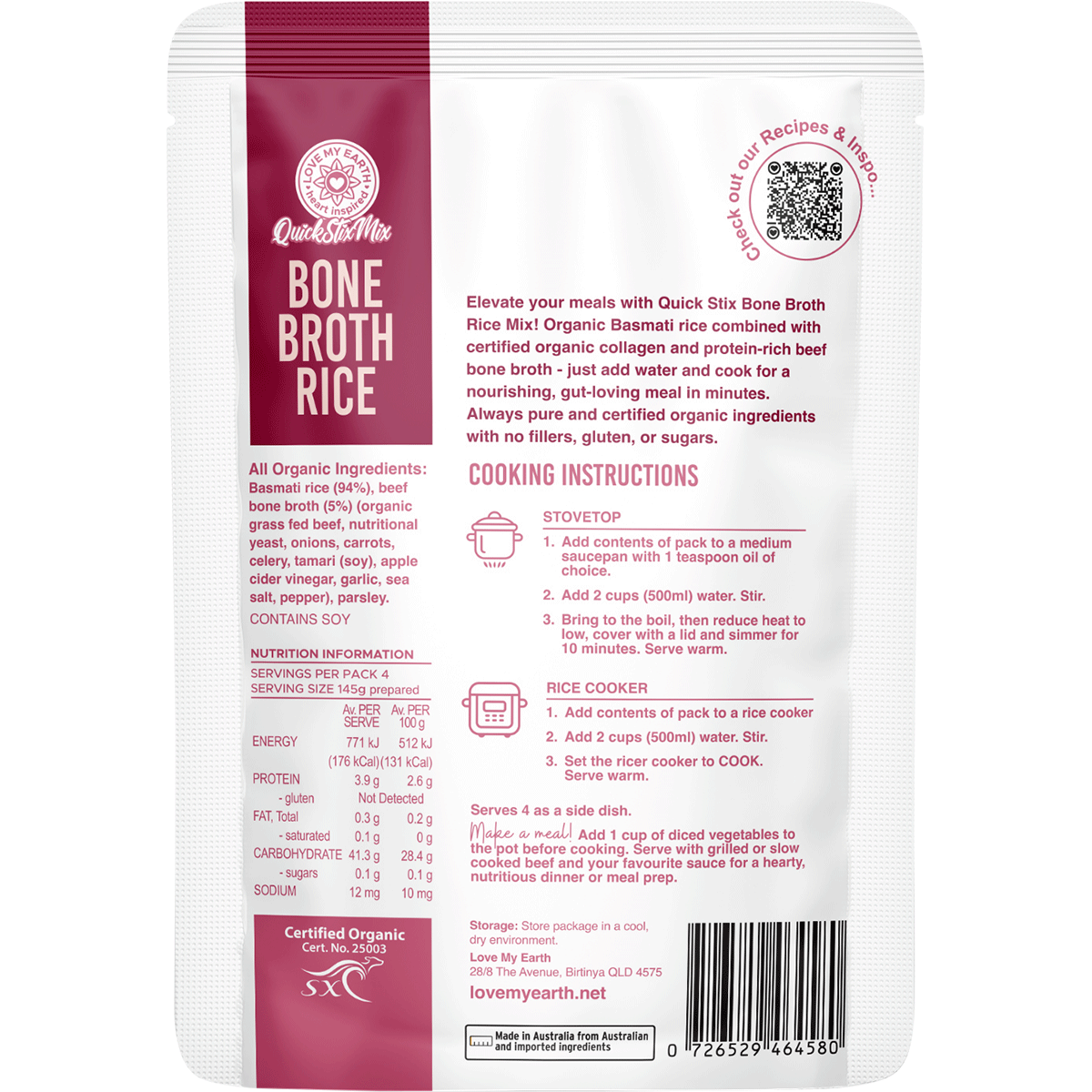 Love My Earth Quick Stix Mix Organic Bone Broth Rice Beef 200g