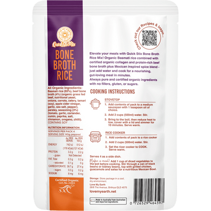 Love My Earth Quick Stix Mix Organic Bone Broth Rice Mexican 200g