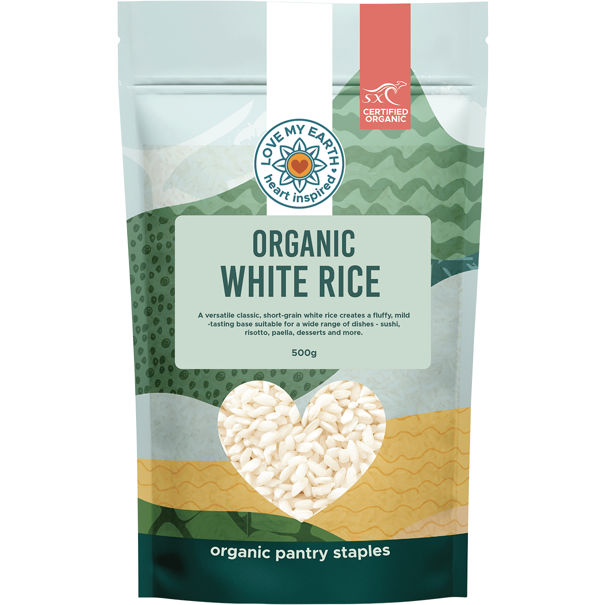 500g bag of Love My Earth Organic White Rice featuring a blue and white label on a transparent package.