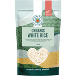 500g bag of Love My Earth Organic White Rice featuring a blue and white label on a transparent package.