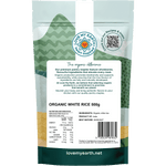 Back of a 500g bag of Love My Earth Organic White Rice with nutritional facts and cooking instructions.